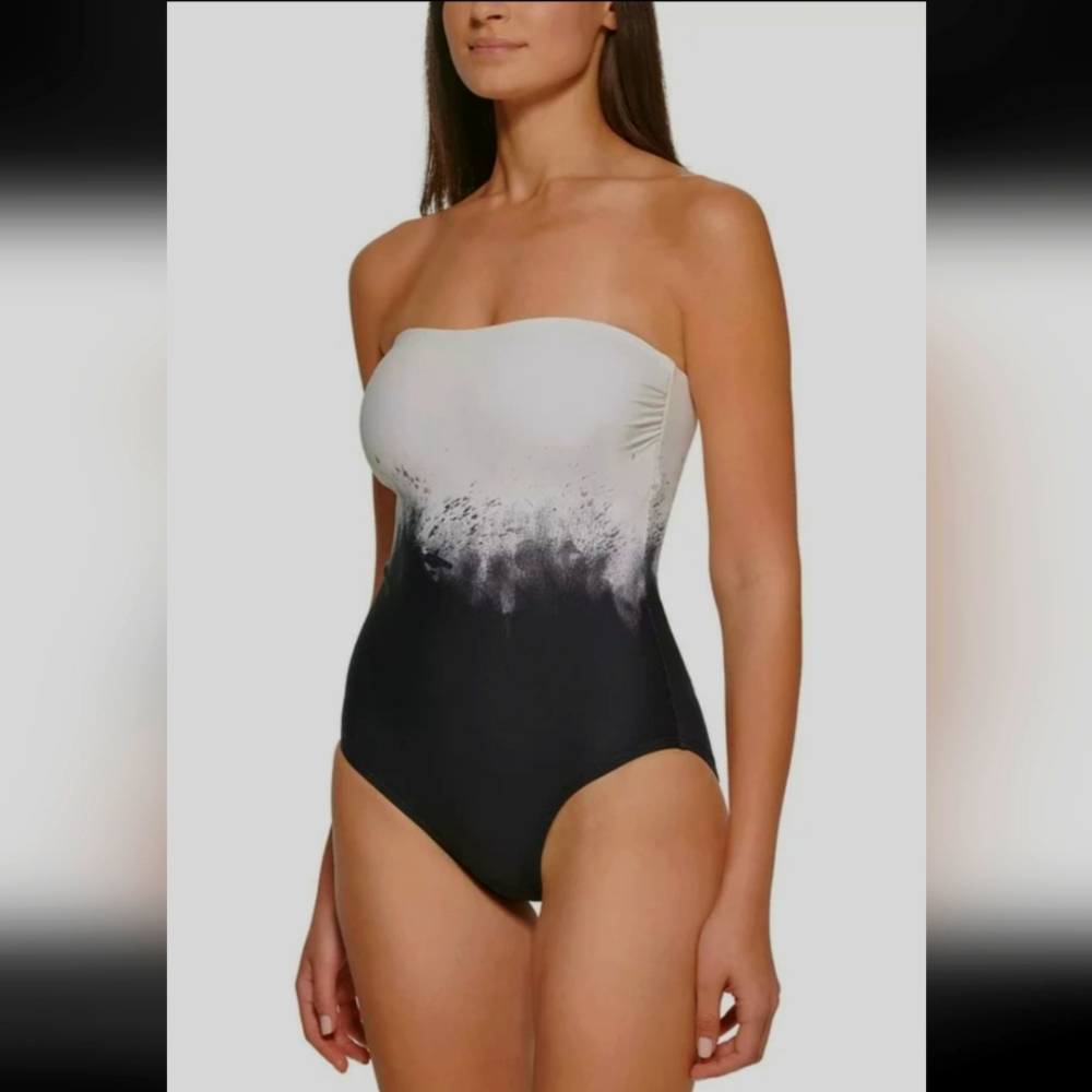 NWT Calvin Klein BLACK SOFT WHITE MULTI Tummy-Control One-Piece Swimsuit, size 8
